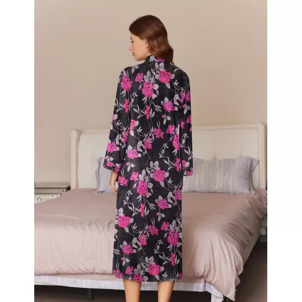 imageEkouaer Women Zipper Robe Long Sleeve House Coats Velour Robes Soft Bathrobe with Pockets Nightgown S3XLBlack Floral Print