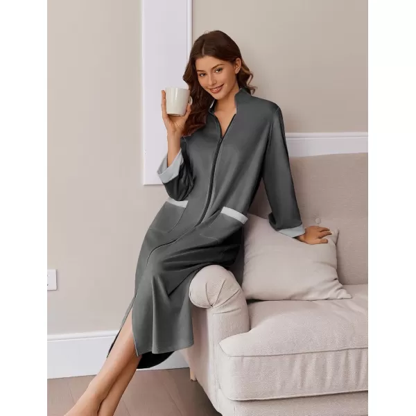 imageEkouaer Women Zipper Robe Long Sleeve House Coats Velour Robes Soft Bathrobe with Pockets Nightgown S3XLDark Grey