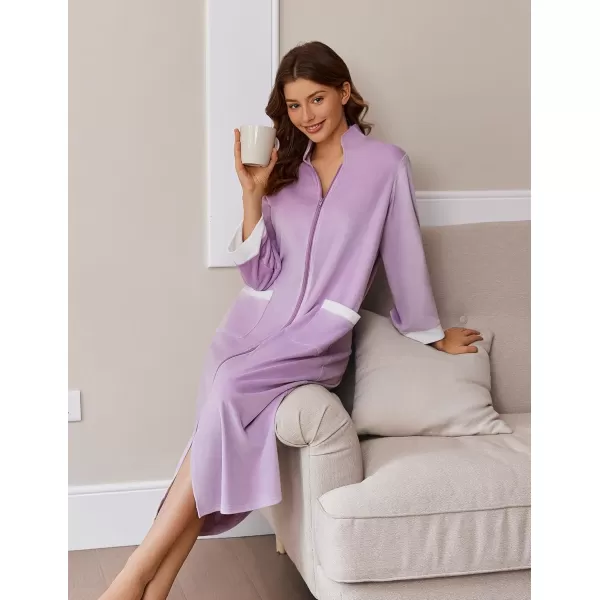 imageEkouaer Women Zipper Robe Long Sleeve House Coats Velour Robes Soft Bathrobe with Pockets Nightgown S3XLLavender