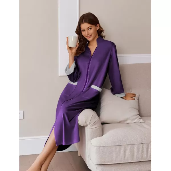 imageEkouaer Women Zipper Robe Long Sleeve House Coats Velour Robes Soft Bathrobe with Pockets Nightgown S3XLPurple