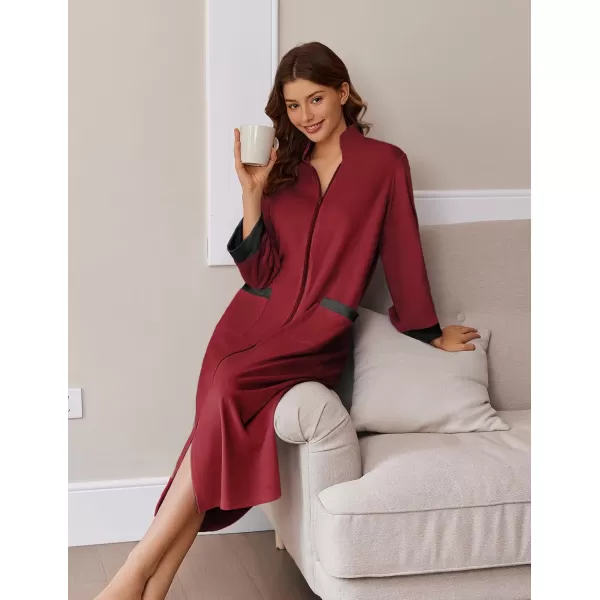 imageEkouaer Women Zipper Robe Long Sleeve House Coats Velour Robes Soft Bathrobe with Pockets Nightgown S3XLRed