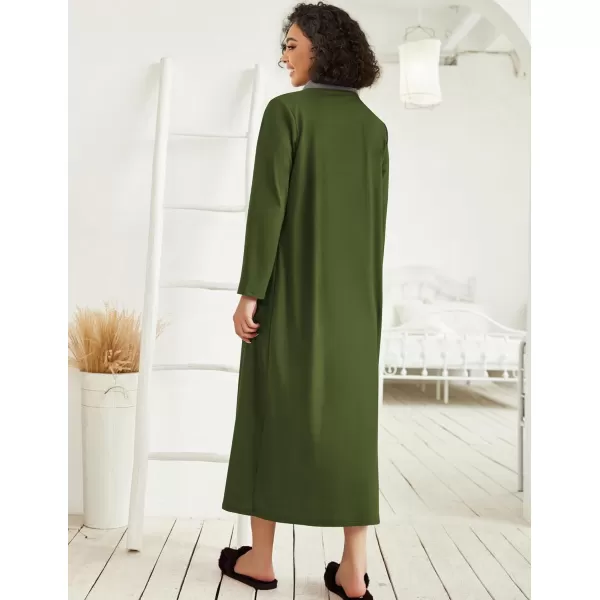 imageEkouaer Women Zipper Robe Long Sleeve Loungewear Lightweight Housecoat Full Length Nightgown with PocketsArmy Green