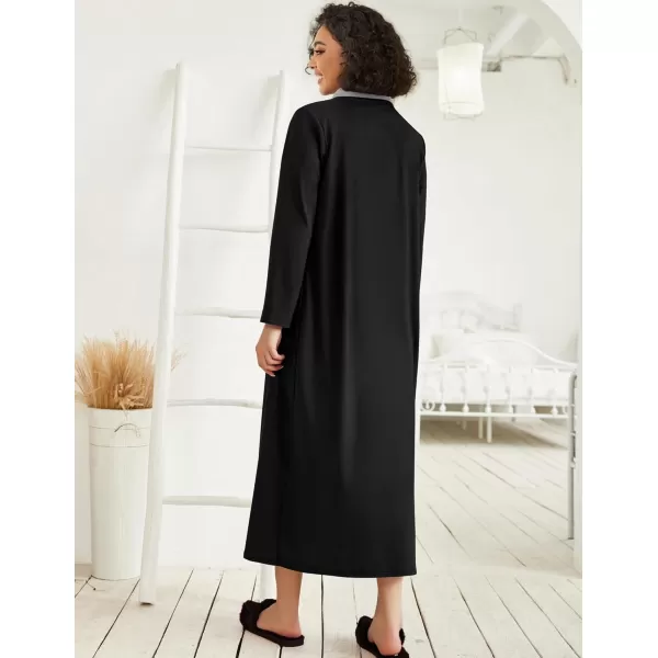 imageEkouaer Women Zipper Robe Long Sleeve Loungewear Lightweight Housecoat Full Length Nightgown with PocketsBlack