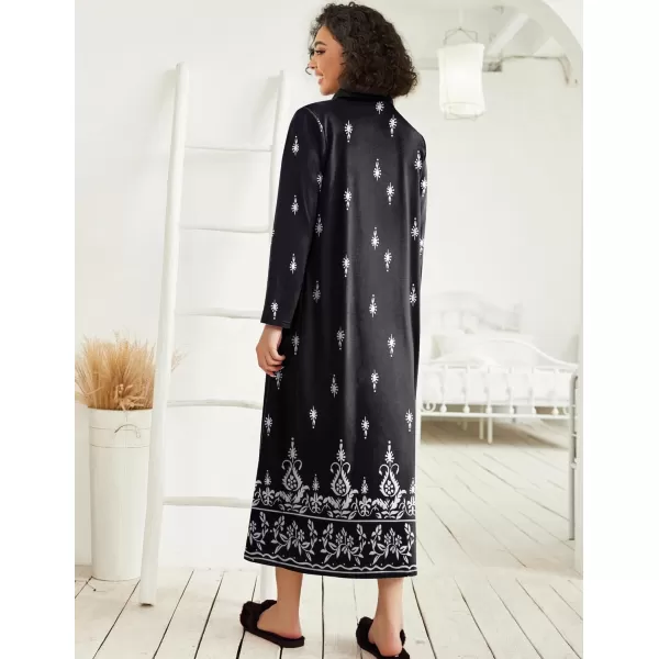 imageEkouaer Women Zipper Robe Long Sleeve Loungewear Lightweight Housecoat Full Length Nightgown with PocketsBlack Ethnic Print