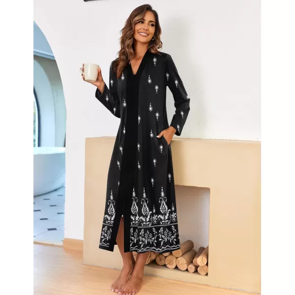 imageEkouaer Women Zipper Robe Long Sleeve Loungewear Lightweight Housecoat Full Length Nightgown with PocketsBlack Ethnic Print