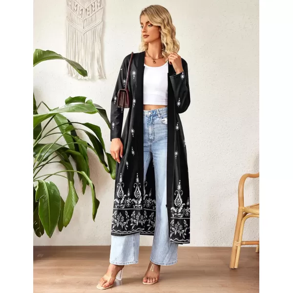 imageEkouaer Women Zipper Robe Long Sleeve Loungewear Lightweight Housecoat Full Length Nightgown with PocketsBlack Ethnic Print