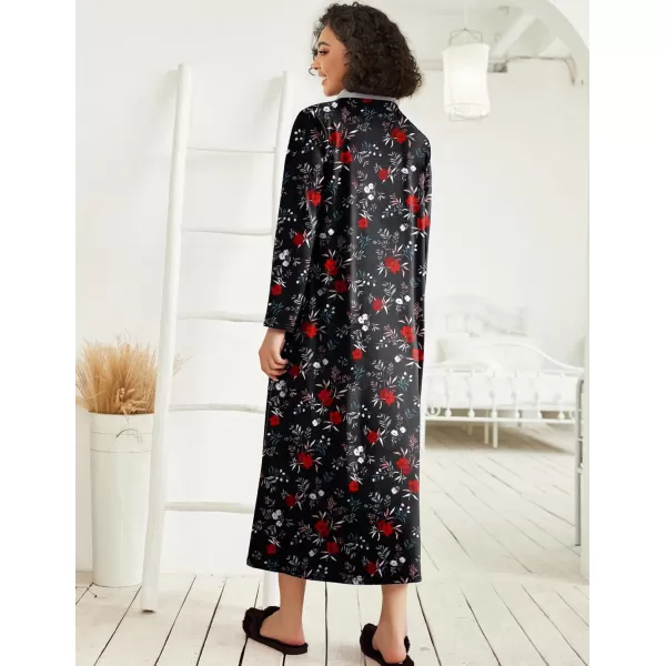 imageEkouaer Women Zipper Robe Long Sleeve Loungewear Lightweight Housecoat Full Length Nightgown with PocketsBlack Floral