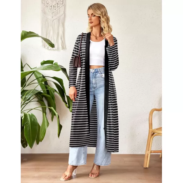 imageEkouaer Women Zipper Robe Long Sleeve Loungewear Lightweight Housecoat Full Length Nightgown with PocketsBlack Stripes