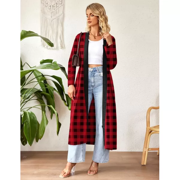 imageEkouaer Women Zipper Robe Long Sleeve Loungewear Lightweight Housecoat Full Length Nightgown with PocketsBlack and Red Plaid