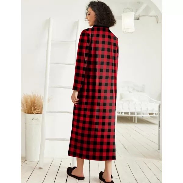 imageEkouaer Women Zipper Robe Long Sleeve Loungewear Lightweight Housecoat Full Length Nightgown with PocketsBlack and Red Plaid