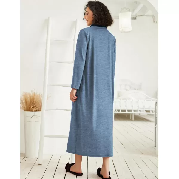 imageEkouaer Women Zipper Robe Long Sleeve Loungewear Lightweight Housecoat Full Length Nightgown with PocketsBlue