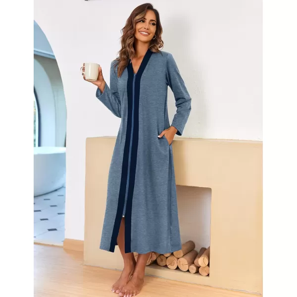 imageEkouaer Women Zipper Robe Long Sleeve Loungewear Lightweight Housecoat Full Length Nightgown with PocketsBlue