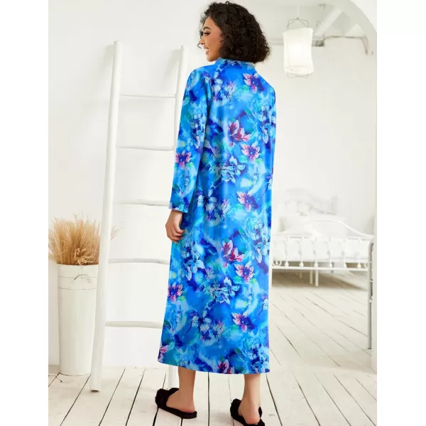 imageEkouaer Women Zipper Robe Long Sleeve Loungewear Lightweight Housecoat Full Length Nightgown with PocketsBlue Floral