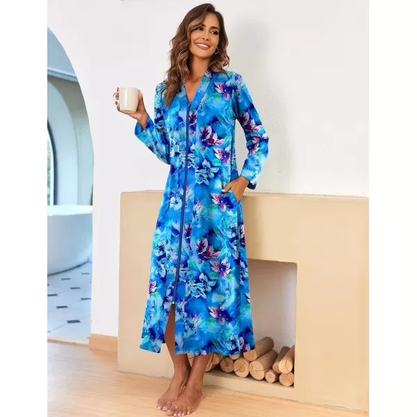 imageEkouaer Women Zipper Robe Long Sleeve Loungewear Lightweight Housecoat Full Length Nightgown with PocketsBlue Floral