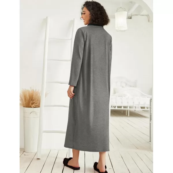 imageEkouaer Women Zipper Robe Long Sleeve Loungewear Lightweight Housecoat Full Length Nightgown with PocketsDark Gray