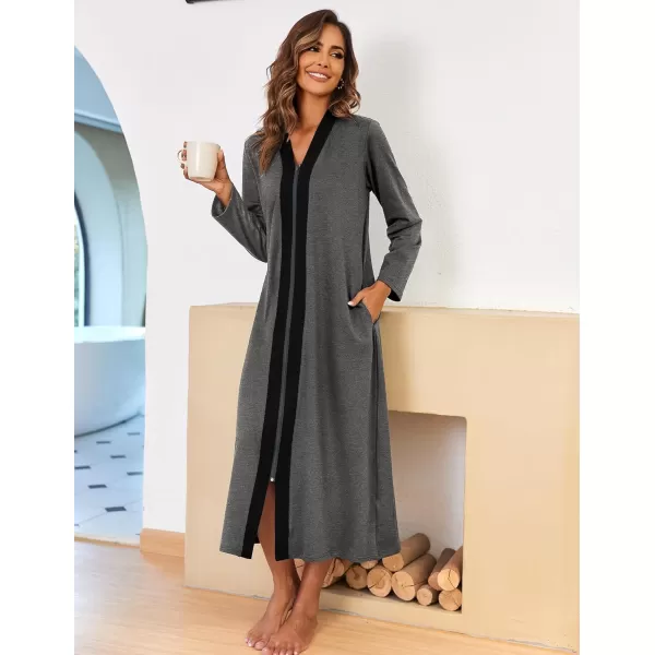 imageEkouaer Women Zipper Robe Long Sleeve Loungewear Lightweight Housecoat Full Length Nightgown with PocketsDark Gray