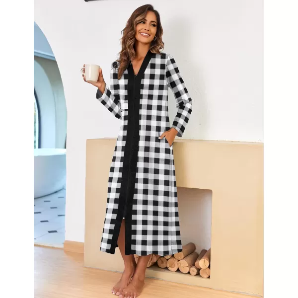 imageEkouaer Women Zipper Robe Long Sleeve Loungewear Lightweight Housecoat Full Length Nightgown with PocketsGray Plaid