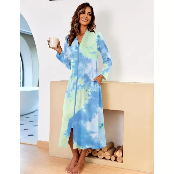 imageEkouaer Women Zipper Robe Long Sleeve Loungewear Lightweight Housecoat Full Length Nightgown with PocketsGreen Tie Dye