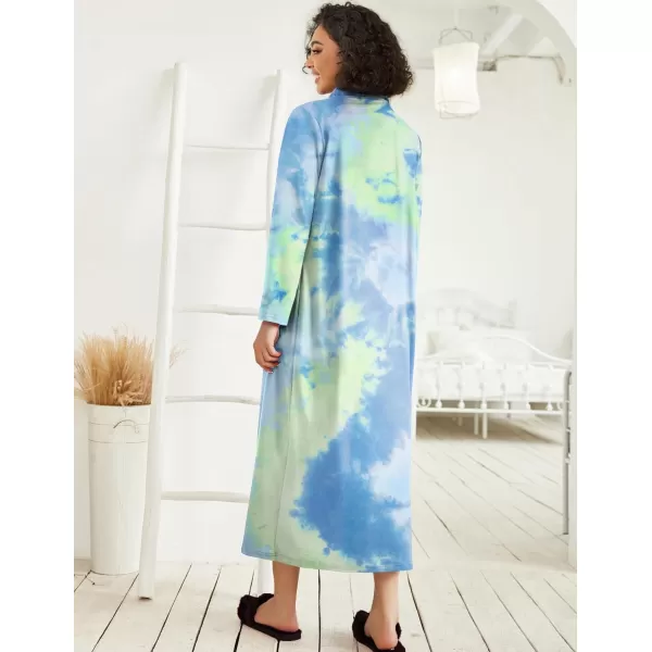 imageEkouaer Women Zipper Robe Long Sleeve Loungewear Lightweight Housecoat Full Length Nightgown with PocketsGreen Tie Dye