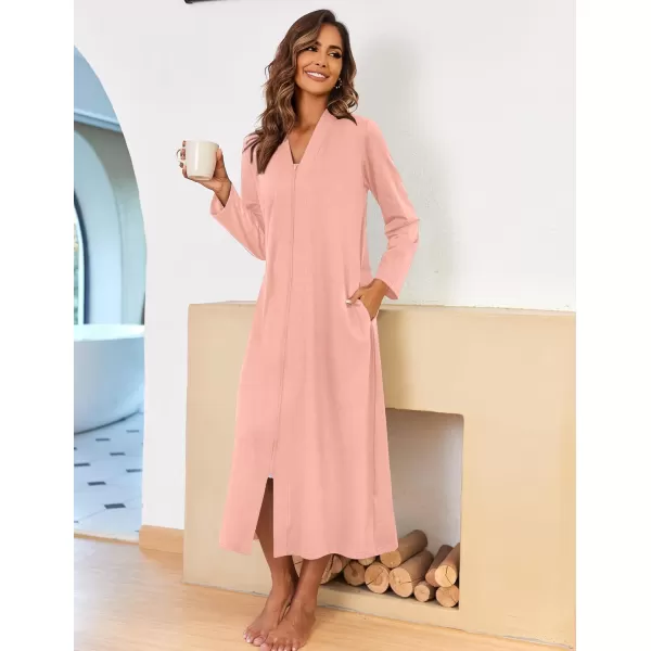 imageEkouaer Women Zipper Robe Long Sleeve Loungewear Lightweight Housecoat Full Length Nightgown with PocketsLight Coralline