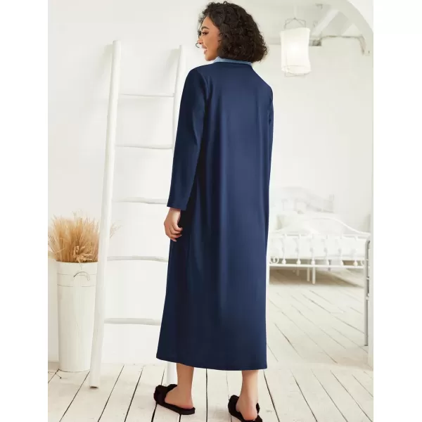 imageEkouaer Women Zipper Robe Long Sleeve Loungewear Lightweight Housecoat Full Length Nightgown with PocketsNavy Blue