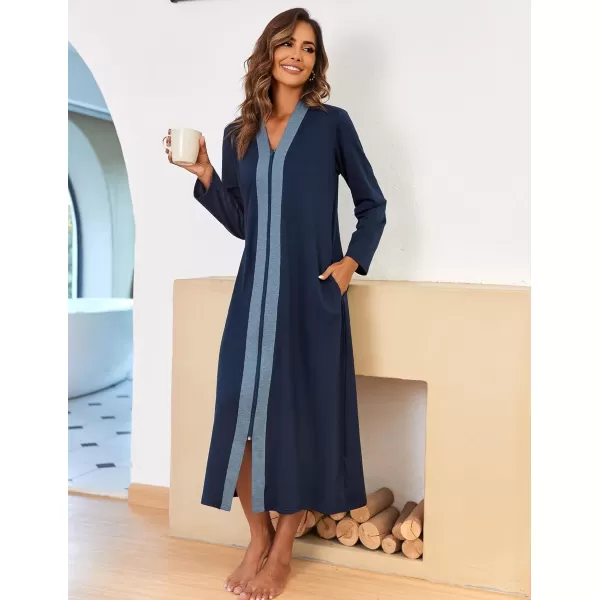 imageEkouaer Women Zipper Robe Long Sleeve Loungewear Lightweight Housecoat Full Length Nightgown with PocketsNavy Blue