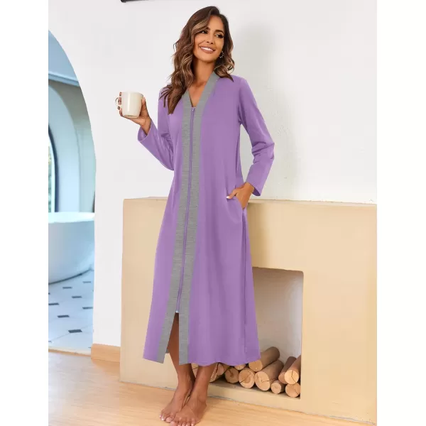 imageEkouaer Women Zipper Robe Long Sleeve Loungewear Lightweight Housecoat Full Length Nightgown with PocketsPurple