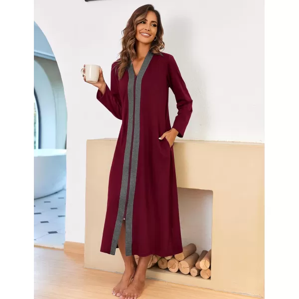 imageEkouaer Women Zipper Robe Long Sleeve Loungewear Lightweight Housecoat Full Length Nightgown with PocketsWine Red