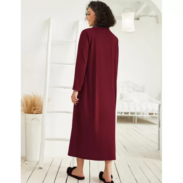 imageEkouaer Women Zipper Robe Long Sleeve Loungewear Lightweight Housecoat Full Length Nightgown with PocketsWine Red