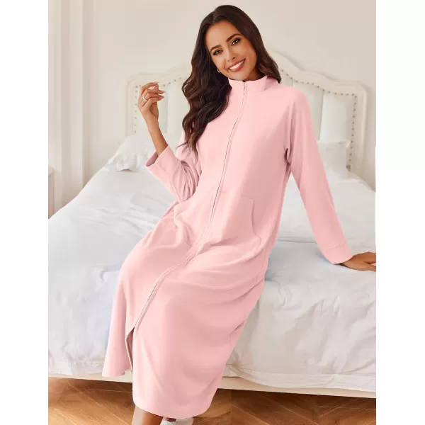 imageEkouaer Women Zipper Robe Long Sleeves House Coat Soft Bathrobe Sleepwear with Pockets Housecoat Loungewear SXXLAlight Pink