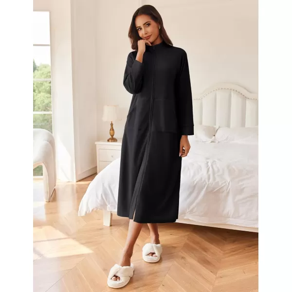 imageEkouaer Women Zipper Robe Long Sleeves House Coat Soft Bathrobe Sleepwear with Pockets Housecoat Loungewear SXXLBlack