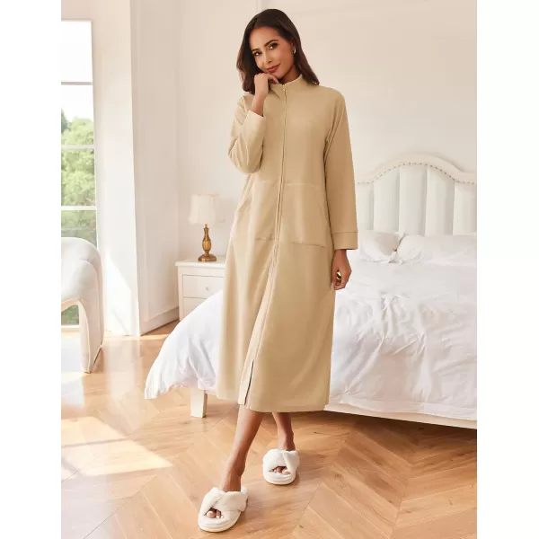 imageEkouaer Women Zipper Robe Long Sleeves House Coat Soft Bathrobe Sleepwear with Pockets Housecoat Loungewear SXXLKhaki