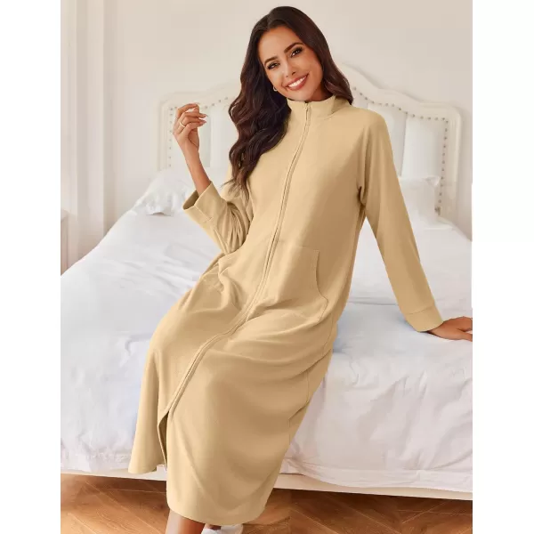 imageEkouaer Women Zipper Robe Long Sleeves House Coat Soft Bathrobe Sleepwear with Pockets Housecoat Loungewear SXXLKhaki