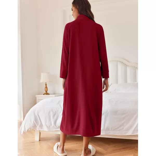 imageEkouaer Women Zipper Robe Long Sleeves House Coat Soft Bathrobe Sleepwear with Pockets Housecoat Loungewear SXXLWine Red