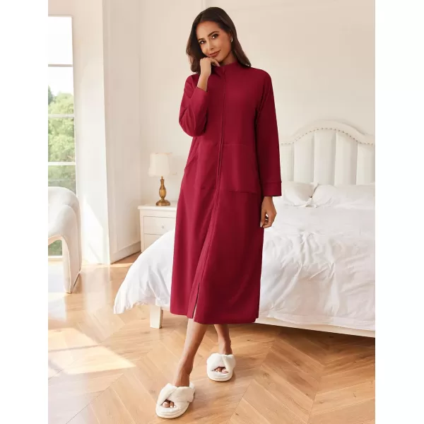 imageEkouaer Women Zipper Robe Long Sleeves House Coat Soft Bathrobe Sleepwear with Pockets Housecoat Loungewear SXXLWine Red