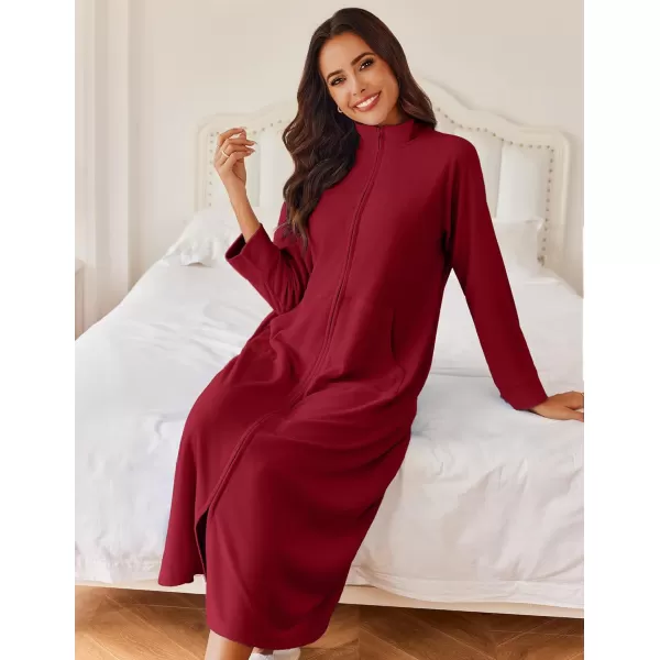 imageEkouaer Women Zipper Robe Long Sleeves House Coat Soft Bathrobe Sleepwear with Pockets Housecoat Loungewear SXXLWine Red