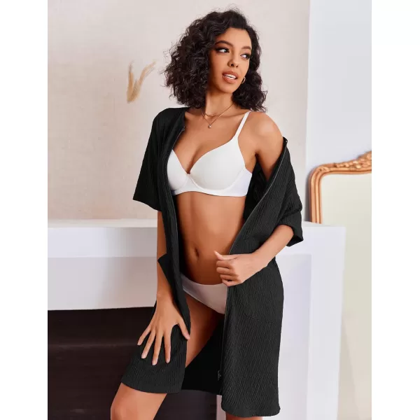 imageEkouaer Women Zipper Robes Knit Short Bathrobe Lightweight House Coat with Pockets Soft Nightgown 33XLBlack