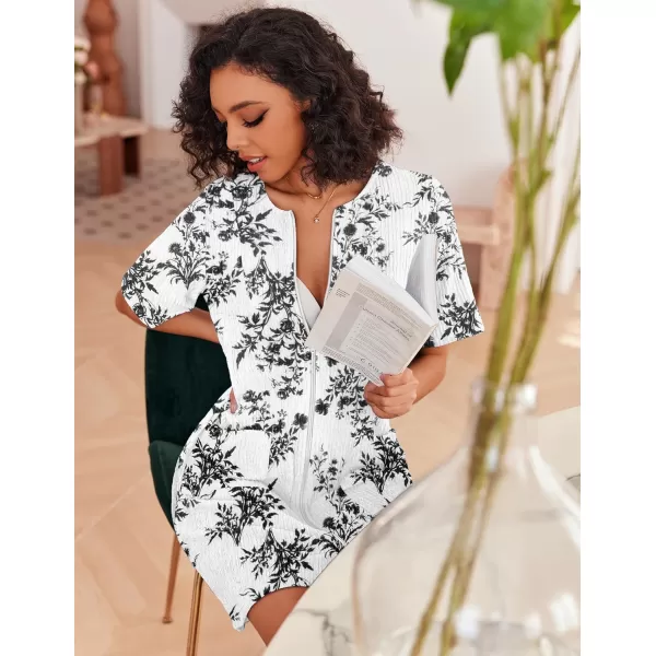 imageEkouaer Women Zipper Robes Knit Short Bathrobe Lightweight House Coat with Pockets Soft Nightgown 33XLBlack Plant