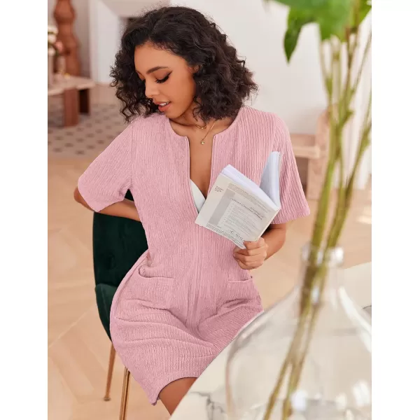 imageEkouaer Women Zipper Robes Knit Short Bathrobe Lightweight House Coat with Pockets Soft Nightgown 33XLHot Pink