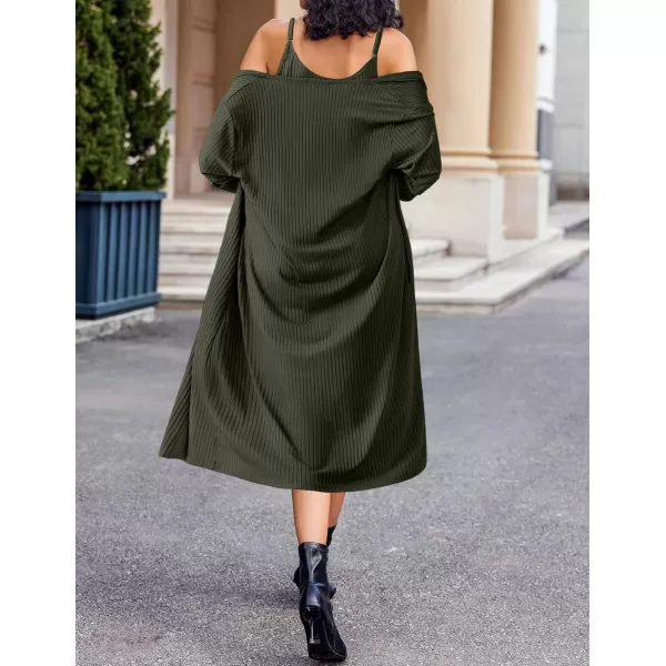 imageEkouaer Womens Knit Robe Set 2 Piece Nightgown with Robes Long Sleeves Lounge Sets with Pockets S 3XLArmy Green