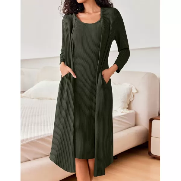 imageEkouaer Womens Knit Robe Set 2 Piece Nightgown with Robes Long Sleeves Lounge Sets with Pockets S 3XLArmy Green