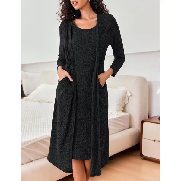 imageEkouaer Womens Knit Robe Set 2 Piece Nightgown with Robes Long Sleeves Lounge Sets with Pockets S 3XLBlack