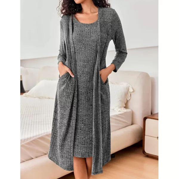 imageEkouaer Womens Knit Robe Set 2 Piece Nightgown with Robes Long Sleeves Lounge Sets with Pockets S 3XLBlack Gray