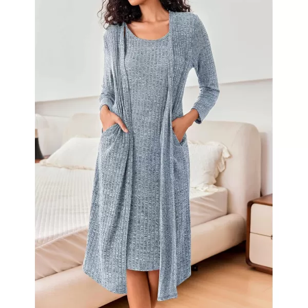 imageEkouaer Womens Knit Robe Set 2 Piece Nightgown with Robes Long Sleeves Lounge Sets with Pockets S 3XLBlue
