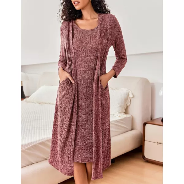 imageEkouaer Womens Knit Robe Set 2 Piece Nightgown with Robes Long Sleeves Lounge Sets with Pockets S 3XLBurgundy