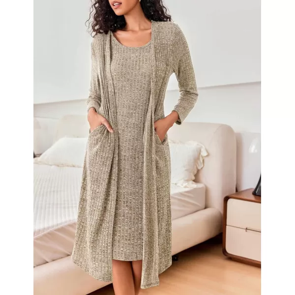 imageEkouaer Womens Knit Robe Set 2 Piece Nightgown with Robes Long Sleeves Lounge Sets with Pockets S 3XLCamel