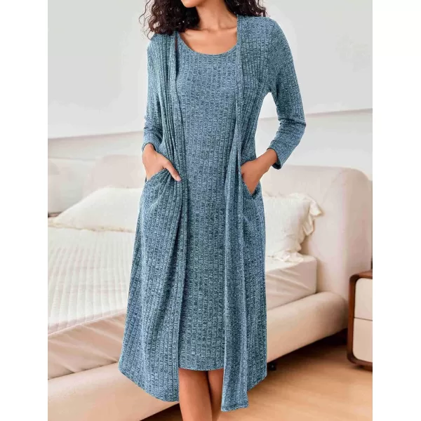 imageEkouaer Womens Knit Robe Set 2 Piece Nightgown with Robes Long Sleeves Lounge Sets with Pockets S 3XLDark Blue