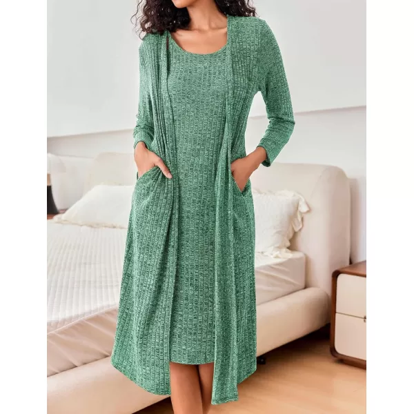imageEkouaer Womens Knit Robe Set 2 Piece Nightgown with Robes Long Sleeves Lounge Sets with Pockets S 3XLGray Green