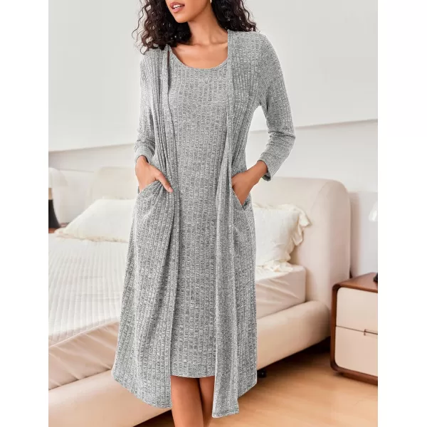 imageEkouaer Womens Knit Robe Set 2 Piece Nightgown with Robes Long Sleeves Lounge Sets with Pockets S 3XLLight Gray