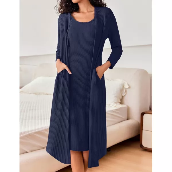 imageEkouaer Womens Knit Robe Set 2 Piece Nightgown with Robes Long Sleeves Lounge Sets with Pockets S 3XLNavy Blue